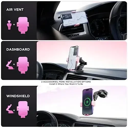 Wireless Car Charger,【7 Colored LED Backlit】 15W Auto Clamping Car Charger Phone Mount Holder fit for iPhone 14 13 12 Mini Pro Max 11 XR XS, Samsung Galaxy S23 Ultra S22 S21+ S10+ Note 20, etc - Pink - 6