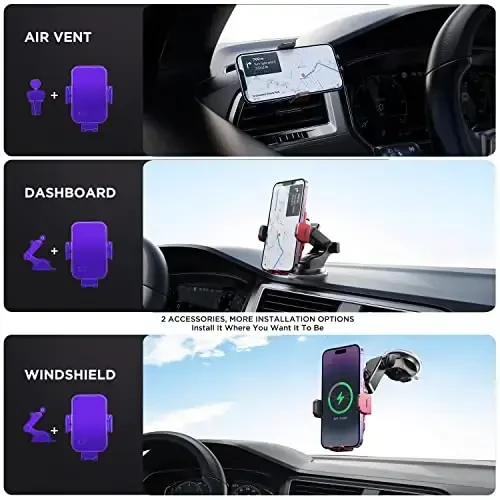 Wireless Car Charger,【7 Colored RGB Backlit】Mosurr 15W Auto Clamping Car Charger Phone Mount Holder fit for iPhone 15 14 13 12 Mini Pro Max 11 XR XS, Samsung Galaxy S24 Ultra S23 S22 S21+ Note 20, etc - 6