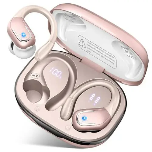 Wireless Earbud, 75H Bluetooth 5.3 Headphones Sport IP7 Waterproof, Running Wireless Earphones with ENC Noise Canceling Mic, 3D Bass Over Ear bud with Earhooks for Android, iOS, Workout, Gym, Rosegold - 8