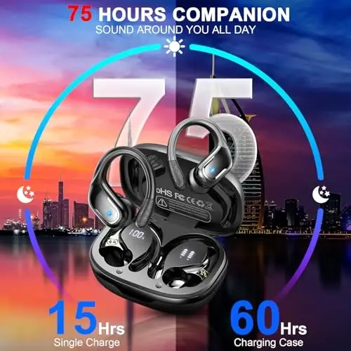 Wireless Earbud, 75Hrs Bluetooth 5.3 Headphones IP7 Waterproof for Sport, Running Wireless Earphones with ENC Noise Cancelling Mics, Deep Bass Over Ear bud with Earhooks for Android, iOS, Workout, Gym - 3