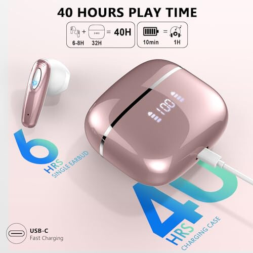 Wireless Earbud, Bluetooth 5.3 Headphones 40H Ear Buds Deep Bass Stereo with Mini Charging Case, Bluetooth Earbud with Dual Mics Call, IP7 Waterproof in-Ear Earphones for Android iOS Phone rose gold - 5