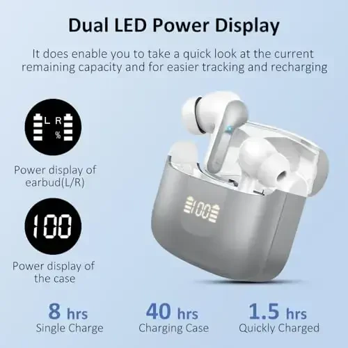 Wireless Earbud Bluetooth 5.3 Headphones, Hi-Fi Stereo Ear Buds with 4 ENC Cancelling Mics, 40H in-Ear Earphones IP7 Waterproof Sports, LED Display, Mini Headset for Laptop Pad TV Android/iOS, Grey - 4