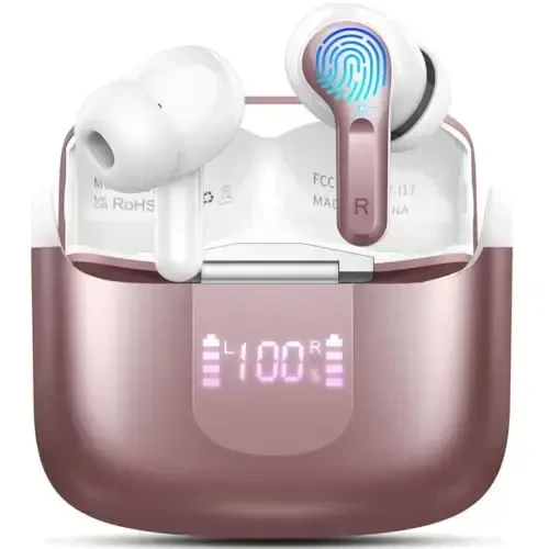 Wireless Earbud Bluetooth 5.3 Headphones, Hi-Fi Stereo Ear Buds with 4 ENC Cancelling Mics, 40H in-Ear Earphones IP7 Waterproof Sports, LED Display, Mini Headset for Laptop Pad TV Phones, Rose Gold - 1