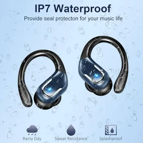 Wireless Earbud, Bluetooth 5.3 Headphones IP7 Waterproof Sport, 75Hrs Running Wireless Earphones with ENC Noise Canceling Mic, Deep Bass Over Ear bud with Earhooks for Android, iOS, Workout, Gym, Blue - 1