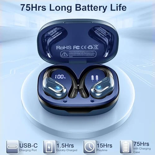 Wireless Earbud, Bluetooth 5.3 Headphones IP7 Waterproof Sport, 75Hrs Running Wireless Earphones with ENC Noise Canceling Mic, Deep Bass Over Ear bud with Earhooks for Android, iOS, Workout, Gym, Blue - 3