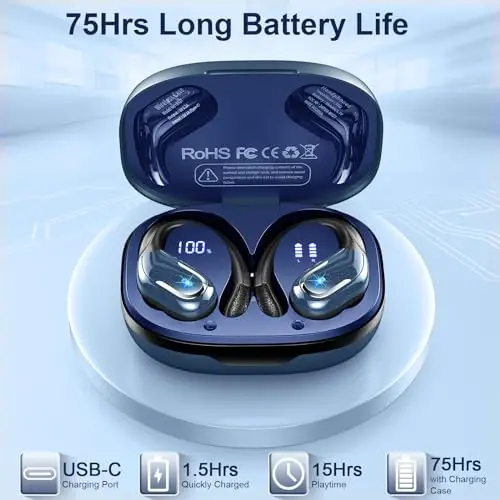 Wireless Earbud, Bluetooth 5.3 Headphones IP7 Waterproof Sport, 75Hrs Running Wireless Earphones with ENC Noise Canceling Mic, Deep Bass Over Ear bud with Earhooks for Android, iOS, Workout, Gym, Blue - 2