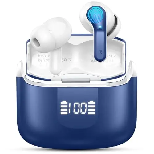 Wireless Earbud Bluetooth 5.4 Headphones, Hi-Fi Stereo Ear Buds with 4 ENC Cancelling Mics, 40H in-Ear Earphones IP7 Waterproof Sports, LED Display, Mini Headset for Laptop Pad TV Phones, Deep Blue - 1