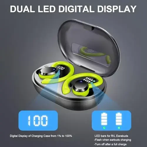 Wireless Earbud, Bluetooth 5.4 Headphones IP7 Waterproof for Sport, 48H Running Wireless Earphones with ENC Noise Cancelling Mic, Deep Bass Over Ear bud with Earhooks for Android, iOS, Workout, Green - 7