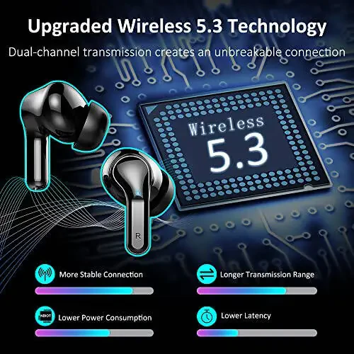Wireless Earbud, Bluetooth Headphones 5.3 NEW 40H Ear Buds Bass Stereo Earphones Noise Cancelling Earbud with 4 ENC Mic in-Ear Bluetooth Earbud USB-C LED Display IP7 Waterproof Sport for Android iOS - 2