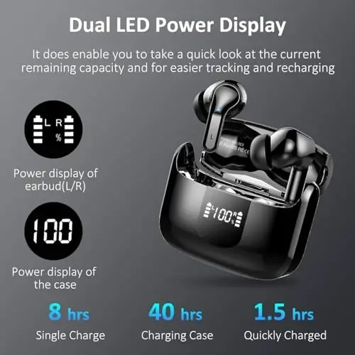 Wireless Earbud, Bluetooth Headphones 5.3 NEW 40H Ear Buds Bass Stereo Earphones Noise Cancelling Earbud with 4 ENC Mic in-Ear Bluetooth Earbud USB-C LED Display IP7 Waterproof Sport for Android iOS - 5
