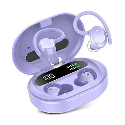 Wireless Earbuds, 2023 New Ultralight Sport Bluetooth 5.3 Headphones In Ear with LED Display, Built-in Mic Earphones, IPX7 Waterproof Wireless Headphones with Earhooks for Gym Workout (Purple) - 1