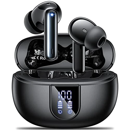 Wireless Earbuds, 2024 Wireless Headphones HiFi Stereo Earphones with 4 ENC Noise Canceling Mic, 42Hs Playtime In Ear Earbud, Bluetooth 5.3 Sport Earphones with LED Power Display for Android iOS Black 