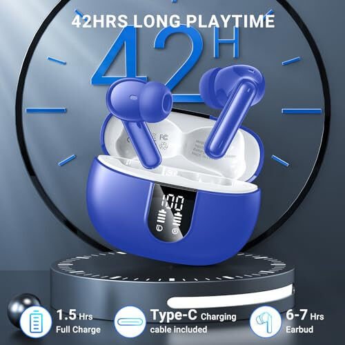 Wireless Earbuds, 2024 Wireless Headphones HiFi Stereo Earphones with 4 ENC Noise Canceling Mic, 42Hs Playtime In Ear Earbud, Bluetooth 5.3 Sport Earphones with LED Power Display for Android iOS Blue - 3