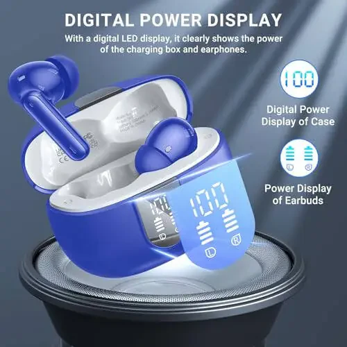 Wireless Earbuds, 2024 Wireless Headphones HiFi Stereo Earphones with 4 ENC Noise Canceling Mic, 42Hs Playtime In Ear Earbud, Bluetooth 5.3 Sport Earphones with LED Power Display for Android iOS Blue - 4