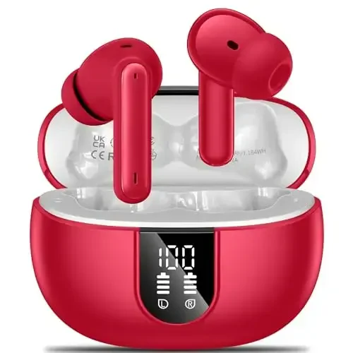 Wireless Earbuds, 2024 Wireless Headphones HiFi Stereo Earphones with 4 ENC Noise Canceling Mic, 42Hs Playtime In Ear Earbud, Bluetooth 5.3 Sport Earphones with LED Power Display for Android iOS Red - 1