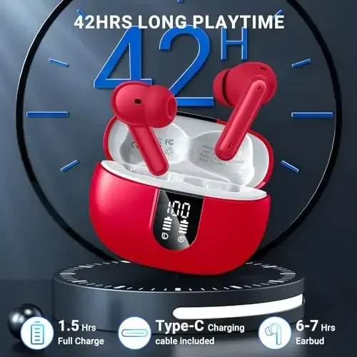 Wireless Earbuds, 2024 Wireless Headphones HiFi Stereo Earphones with 4 ENC Noise Canceling Mic, 42Hs Playtime In Ear Earbud, Bluetooth 5.3 Sport Earphones with LED Power Display for Android iOS Red - 3