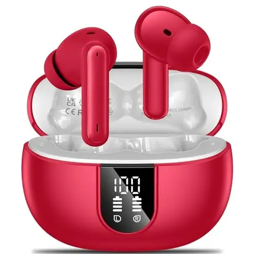 Wireless Earbuds, 2024 Wireless Headphones HiFi Stereo Earphones with 4 ENC Noise Canceling Mic, 42Hs Playtime In Ear Earbud, Bluetooth 5.3 Sport Earphones with LED Power Display for Android iOS Red - AOSLEN