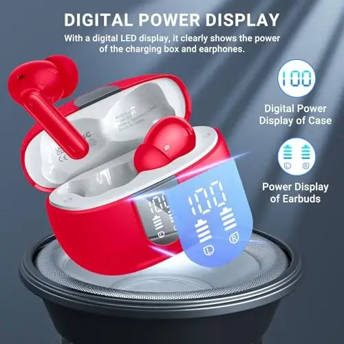 Wireless Earbuds, 2024 Wireless Headphones HiFi Stereo Earphones with 4 ENC Noise Canceling Mic, 42Hs Playtime In Ear Earbud, Bluetooth 5.3 Sport Earphones with LED Power Display for Android iOS Red - 4