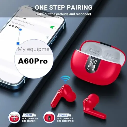 Wireless Earbuds, 2024 Wireless Headphones HiFi Stereo Earphones with 4 ENC Noise Canceling Mic, 42Hs Playtime In Ear Earbud, Bluetooth 5.3 Sport Earphones with LED Power Display for Android iOS Red - 5