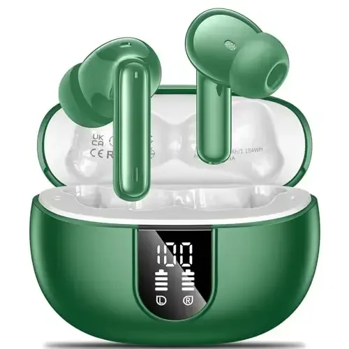 Wireless Earbuds, 2024 Wireless Headphones HiFi Stereo Earphones with 4 ENC Noise Canceling Mic, 42Hs Playtime In Ear Earbud,Bluetooth 5.3 Sport Earphones with LED Power Display for Android iOS Green 