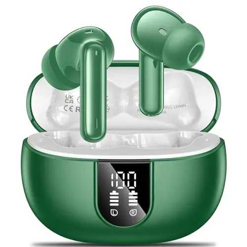 Wireless Earbuds, 2024 Wireless Headphones HiFi Stereo Earphones with 4 ENC Noise Canceling Mic, 42Hs Playtime In Ear Earbud,Bluetooth 5.3 Sport Earphones with LED Power Display for Android iOS Green - AOSLEN