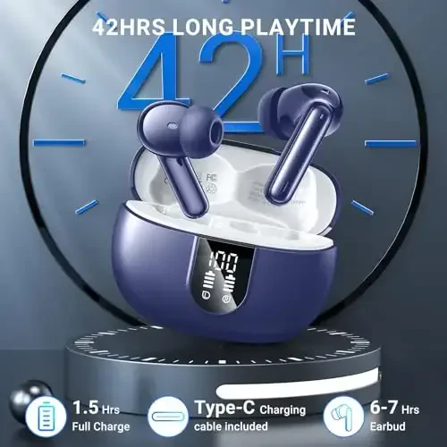 Wireless Earbuds, 2025 Wireless Headphones HiFi Stereo Earphones with 4 ENC Noise Canceling Mic, 42Hs Playtime In Ear Earbud, Bluetooth 5.3 Sport Earphones with LED Power Display for Android iOS - 4