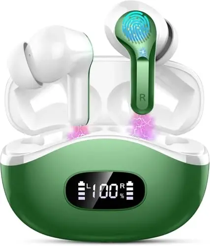 Wireless Earbuds, 2026 Bluetooth 5.4 Headphones NEW Ear Buds 40H Bass Stereo in-Ear Earphones ENC Noise Cancelling Earbuds with 4 HD Mic, USB-C LED Display IP7 Waterproof Sport Headset, Deep Green 