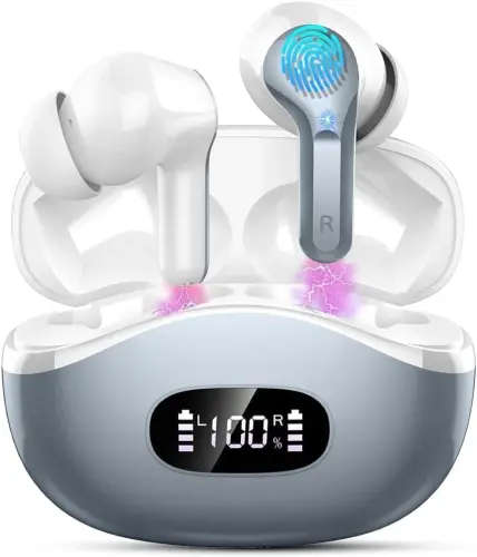 Wireless Earbuds, 2026 Bluetooth 5.4 Headphones NEW Ear Buds 40H Bass Stereo in-Ear Earphones ENC Noise Cancelling Earbuds with 4 HD Mic, USB-C LED Display IP7 Waterproof Sport Headset, Deep Grey 