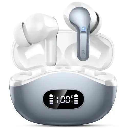 Wireless Earbuds, 2026 Bluetooth 5.4 Headphones NEW Ear Buds 40H Bass Stereo in-Ear Earphones ENC Noise Cancelling Earbuds with 4 HD Mic, USB-C LED Display IP7 Waterproof Sport Headset, Pure Grey - 1