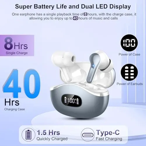Wireless Earbuds, 2026 Bluetooth 5.4 Headphones NEW Ear Buds 40H Bass Stereo in-Ear Earphones ENC Noise Cancelling Earbuds with 4 HD Mic, USB-C LED Display IP7 Waterproof Sport Headset, Pure Grey - 5