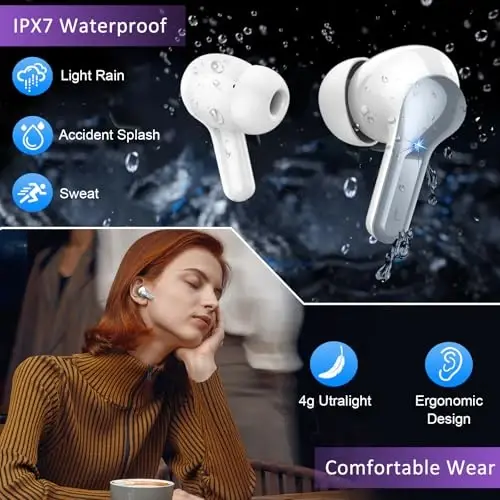 Wireless Earbuds, 2026 Bluetooth 5.4 Headphones NEW Ear Buds 40H Bass Stereo in-Ear Earphones ENC Noise Cancelling Earbuds with 4 HD Mic, USB-C LED Display IP7 Waterproof Sport Headset, Pure Grey - 6