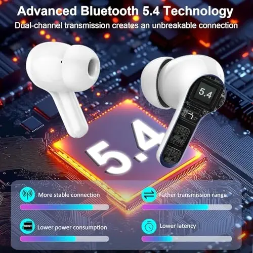 Wireless Earbuds, 2026 Bluetooth 5.4 Headphones NEW Ear Buds 40H Bass Stereo in-Ear Earphones ENC Noise Cancelling Earbuds with 4 HD Mic, USB-C LED Display IP7 Waterproof Sport Headset, Pure White - 3