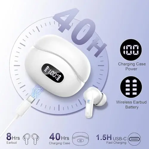 Wireless Earbuds, 2026 Bluetooth 5.4 Headphones NEW Ear Buds 40H Bass Stereo in-Ear Earphones ENC Noise Cancelling Earbuds with 4 HD Mic, USB-C LED Display IP7 Waterproof Sport Headset, Pure White - 4