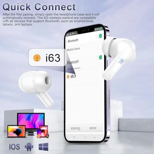 Wireless Earbuds, 2026 Bluetooth 5.4 Headphones NEW Ear Buds 40H Bass Stereo in-Ear Earphones ENC Noise Cancelling Earbuds with 4 HD Mic, USB-C LED Display IP7 Waterproof Sport Headset, Pure White - 6