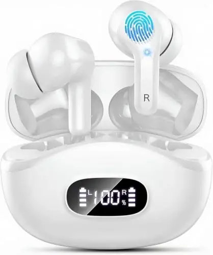 Wireless Earbuds, 2026 Bluetooth 5.4 Headphones NEW Ear Buds 40H Bass Stereo in-Ear Earphones ENC Noise Cancelling Earbuds with 4 HD Mic, USB-C LED Display IP7 Waterproof Sport Headset, Pure White 
