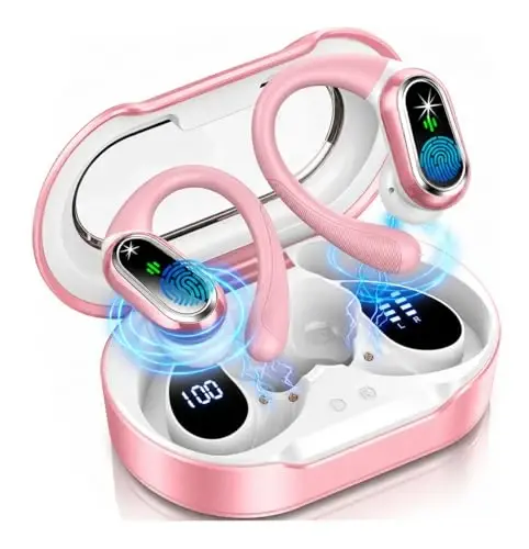 Wireless Earbuds, 2026 Bluetooth 5.4 Headphones Sport, 50Hrs HiFi Stereo Deep Bass Over-Ear buds with ENC Noise Cancelling Mic, IP7 Waterproof & LED Display Earphones with Earhooks for Workout/Running - ROLOSAR