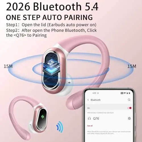 Wireless Earbuds, 2026 Bluetooth 5.4 Headphones Sport, 50Hrs HiFi Stereo Deep Bass Over-Ear buds with ENC Noise Cancelling Mic, IP7 Waterproof & LED Display Earphones with Earhooks for Workout/Running - ROLOSAR (1)