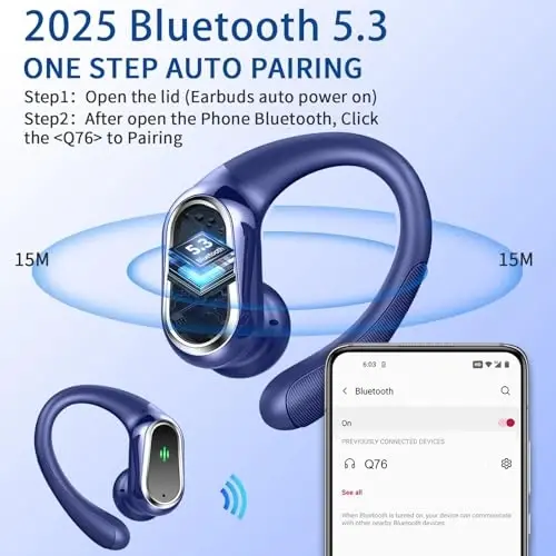 Wireless Earbuds, 2026 Bluetooth 5.4 Headphones Sport, 50Hrs HiFi Stereo Deep Bass Over-Ear buds with ENC Noise Cancelling Mic, IP7 Waterproof & LED Display Earphones with Earhooks for Workout/Running - ROLOSAR