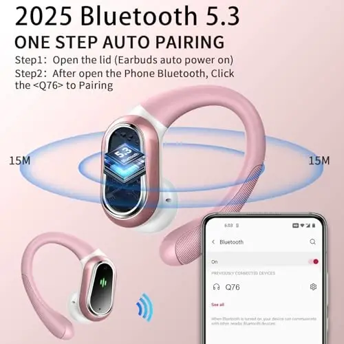Wireless Earbuds, 2026 Bluetooth 5.4 Headphones Sport, 50Hrs HiFi Stereo Deep Bass Over-Ear buds with ENC Noise Cancelling Mic, IP7 Waterproof & LED Display Earphones with Earhooks for Workout/Running - 1