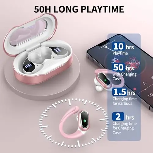 Wireless Earbuds, 2026 Bluetooth 5.4 Headphones Sport, 50Hrs HiFi Stereo Deep Bass Over-Ear buds with ENC Noise Cancelling Mic, IP7 Waterproof & LED Display Earphones with Earhooks for Workout/Running - 5