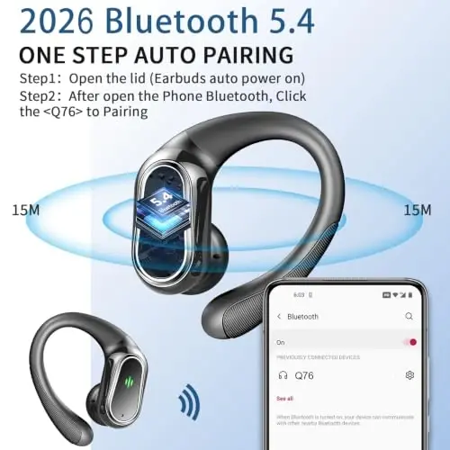 Wireless Earbuds, 2026 Bluetooth 5.4 Headphones Sport, 60Hrs HiFi Stereo Deep Bass Over-Ear buds with ENC Noise Cancelling Mic, IP7 Waterproof & LED Display Earphones with Earhooks for Workout/Running - Rolosar (1)