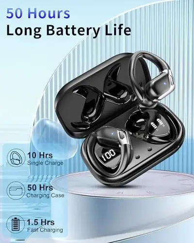 Wireless Earbuds, 2026 Bluetooth 5.4 Headphones Sport, Bluetooth Earbuds with ENC Noise Canceling Mic, 65H Stereo Wireless Headphones IP7 Waterproof with Earhooks, Dual LED Display for Workout/Running - 3