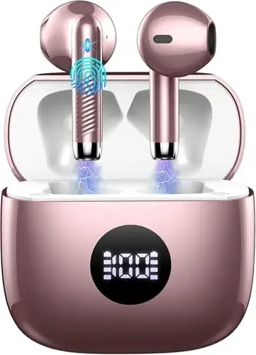 Wireless Earbuds, 2026 Bluetooth Headphones 5.4 HiFi Stereo, in-Ear Ear buds with 4 ENC Noise Cancelling Mics, 40H Playtime Sport Ear Buds with Charging Case, IP7 Waterproof Earphones with LED Display - JXREV