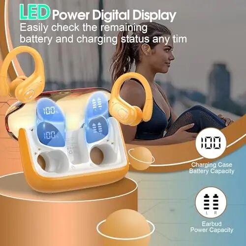 Wireless Earbuds 75H Bluetooth 5.4 Sport Headphones with Earhooks, Yellow | IPX7 Waterproof In-ear Buds Feature ENC Noise Cancelling Mic & Deep Bass. Stereo Sound Device for Gym Running Workout - 5