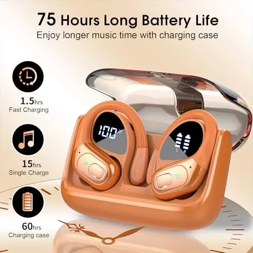 Wireless Earbuds 75hrs Bluetooth 5.4 Headphone Sport, 2026 Bluetooth Earbuds HIFI Stereo Over Ear Bud with Earhooks, ENC Noise Cancelling Mic, IPX7 Waterproof Earphone for Gym/Workout, Cosmic Orange - 1