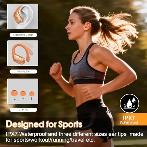 Wireless Earbuds 75hrs Bluetooth 5.4 Headphone Sport, 2026 Bluetooth Earbuds HIFI Stereo Over Ear Bud with Earhooks, ENC Noise Cancelling Mic, IPX7 Waterproof Earphone for Gym/Workout, Cosmic Orange - 3