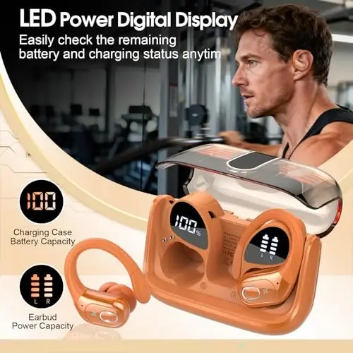 Wireless Earbuds 75hrs Bluetooth 5.4 Headphone Sport, 2026 Bluetooth Earbuds HIFI Stereo Over Ear Bud with Earhooks, ENC Noise Cancelling Mic, IPX7 Waterproof Earphone for Gym/Workout, Cosmic Orange - 5