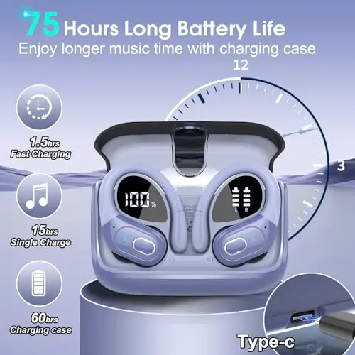 Wireless Earbuds 75hrs Bluetooth 5.4 Headphone Sport, 2026 Bluetooth Earbuds Hifi Stereo Over Ear Bud with Earhooks, ENC Noise Cancelling Mic, IPX7 Waterproof Earphone for Gym/Workout, Purple Blue - APTKDOE (1)