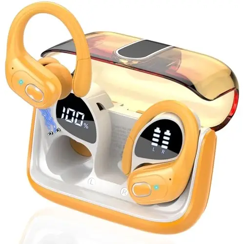 Wireless Earbuds 75hrs Bluetooth 5.4 Headphone Sport, 2026 Bluetooth Earbuds Stereo Deep Bass Over Ear Bud with Earhooks, ENC Noise Cancelling Mic, IPX7 Waterproof Earphone for Gym/Workout, Yellow 