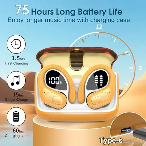Wireless Earbuds 75hrs Bluetooth 5.4 Headphone Sport, 2026 Bluetooth Earbuds Stereo Deep Bass Over Ear Bud with Earhooks, ENC Noise Cancelling Mic, IPX7 Waterproof Earphone for Gym/Workout, Yellow - 2